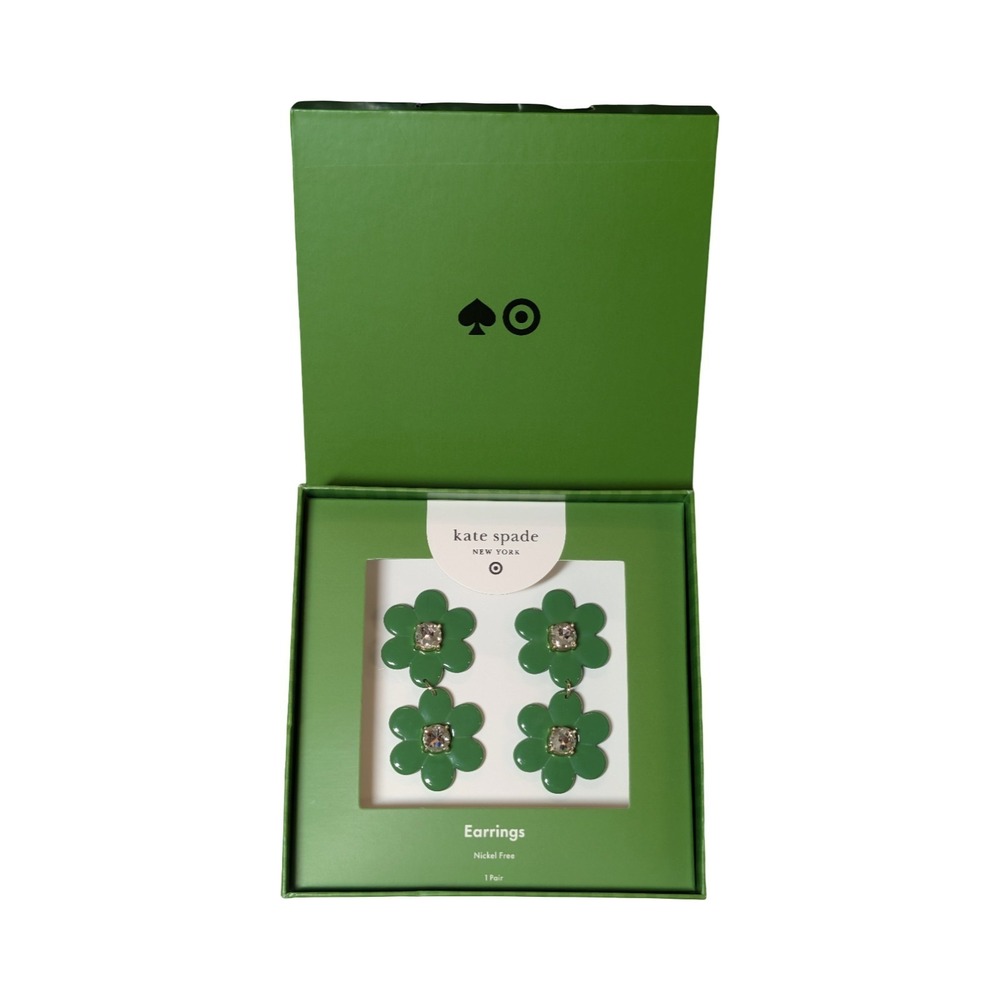 ⭐B1 Kate Spade New York Target Green Flower Linear Earrings Clear Crystals NWT